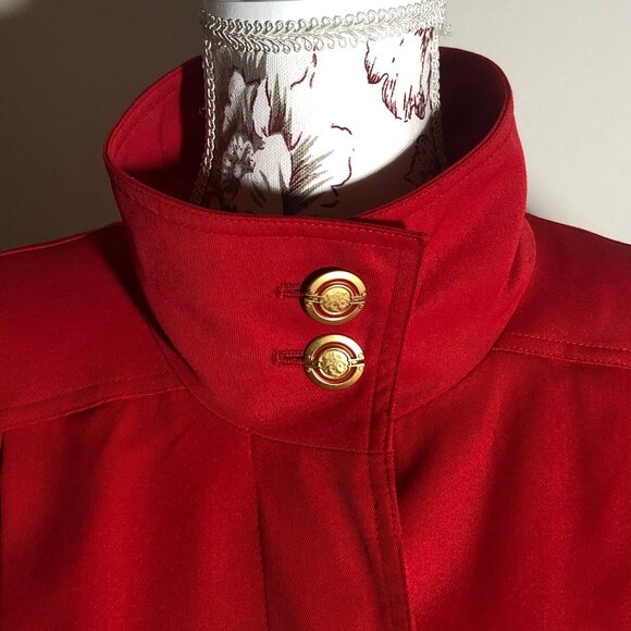 Vintage Vibrant Red Raincoat with Chic Gold Buttons - Stay Stylish & Dry! - Picture 1 of 16